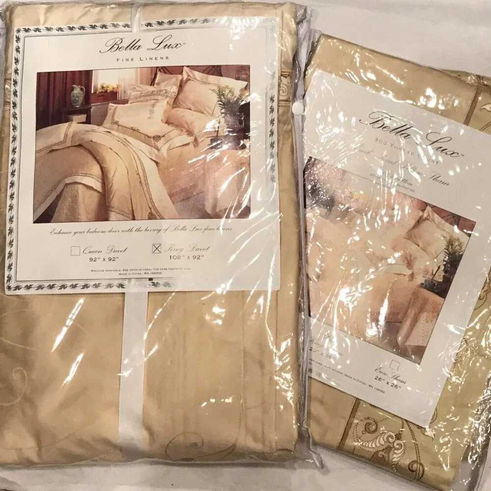 3 Pc Set Bella Lux Fine Linens Gold Embroidered King Duvet Cover Shams